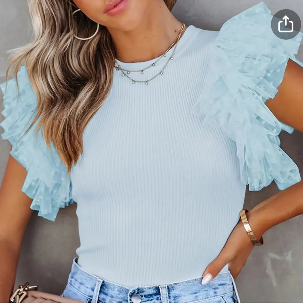 Polka Dot Ruffle Hem Mesh T-Shirt,